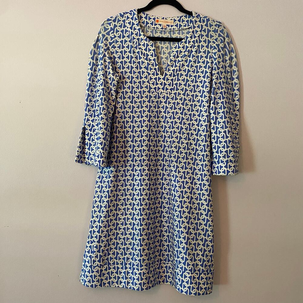 Jude Connally Blue White Geometric Popover Stretchy Knee Length Dress Small